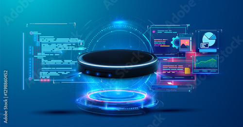 3d sleek black podium levitates in a futuristic, holographic interface, surrounded by vibrant data panels and neon highlights—perfect for high-tech, sci-fi, or innovation themes. 3D Robot vacuum scann