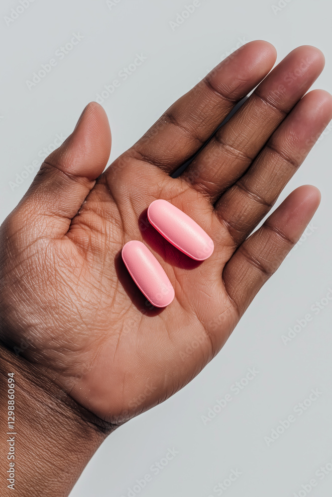 Close-up of a hand holding two pink capsules on a white background, medical and pharmaceutical concept Close-up of a hand holding two pink capsules on a white background, medical and pharmaceutical concept