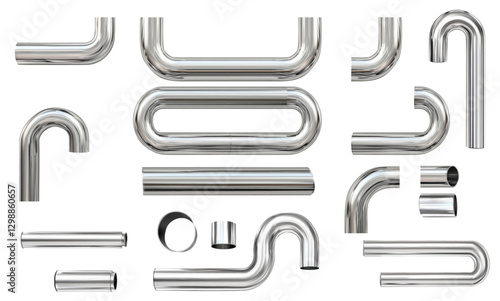 A sleek collection of polished stainless steel pipes in various shapes and bends. Perfect for industrial, plumbing, or creative design applications, featuring realistic reflections. 3d vector illustra
