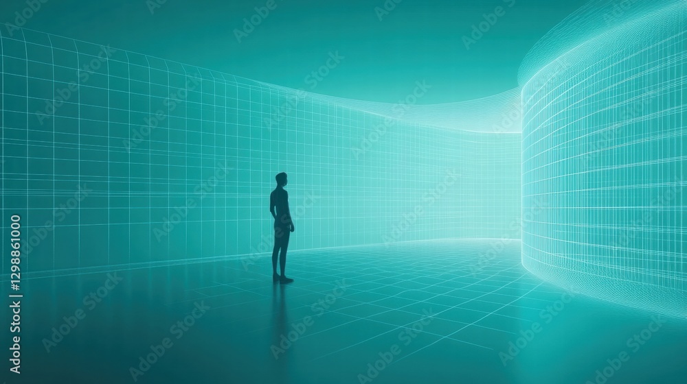 person standing in futuristic gridded environment person standing in futuristic gridded environment