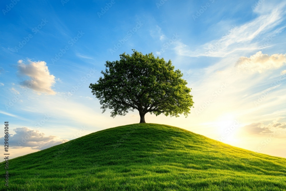 Obraz premium A peaceful countryside hill with a lone tree standing at the summit, silhouetted against the sunset