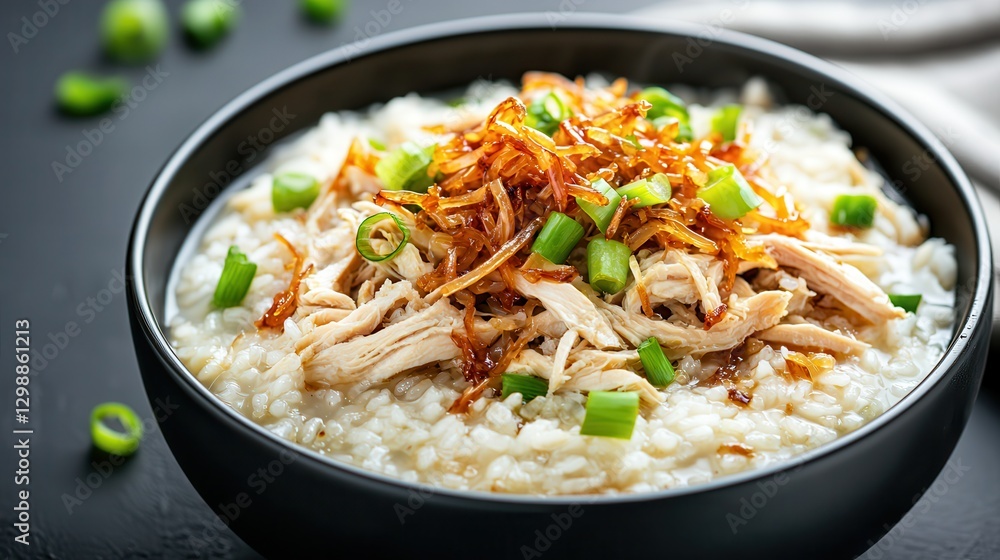 Slow cook rice: Easy cooking. Delicious chicken congee topped with crispy onions and green onions. Slow cook rice: Easy cooking. Delicious chicken congee topped with crispy onions and green onions.