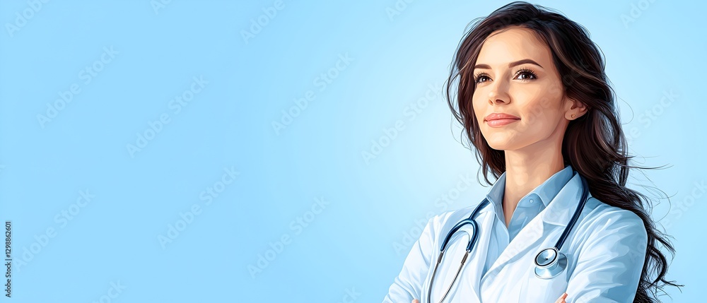 Woman wearing a white coat standing confidently with a stethoscope in a medical setting Woman wearing a white coat standing confidently with a stethoscope in a medical setting