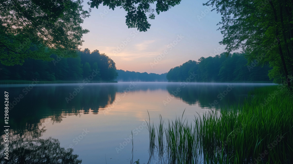Obraz premium Tranquil sunrise over a calm lake, evoking peace and serenity.