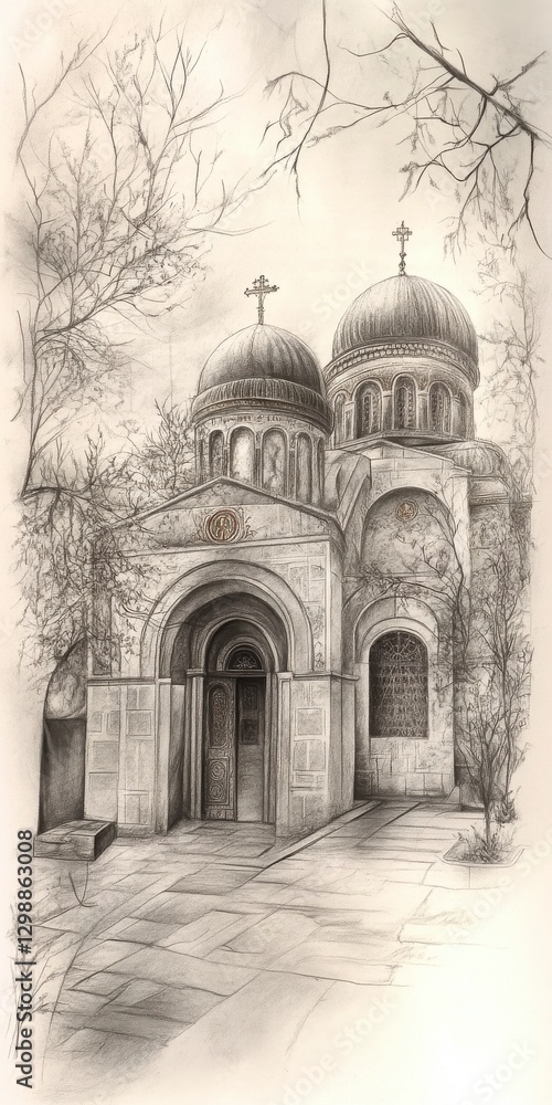 Ancient Ruin Of A Historic Chapel A Monochrome Drawing With Architectural Details And Texture. A Grayscale Illustration. A Black And White Sketching. An Old Historic Building. An Artistic Picture. An Ancient Ruin Of A Historic Chapel A Monochrome Drawing With Architectural Details And Texture. A Grayscale Illustration. A Black And White Sketching. An Old Historic Building. An Artistic Picture. An