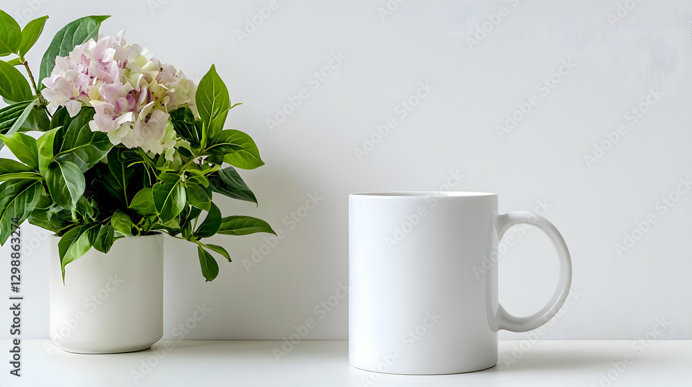 White mug and flowers on white background; mockup for design White mug and flowers on white background; mockup for design