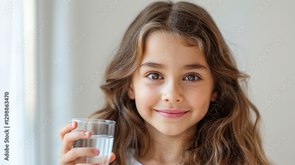Portrait of a Girl Smiling Brightly While Holding a Glass of Water Against a White Background Illuminated by Natural Light Portrait of a Girl Smiling Brightly While Holding a Glass of Water Against a White Background Illuminated by Natural Light