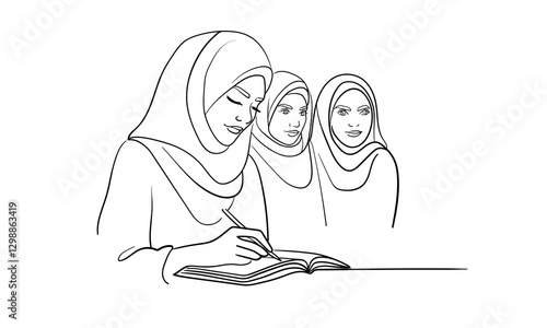 Young 3 muslim womans in burqa with book, continuous line art drawing. Oriental girl in traditional clothes. Vector illustration isolated on white background