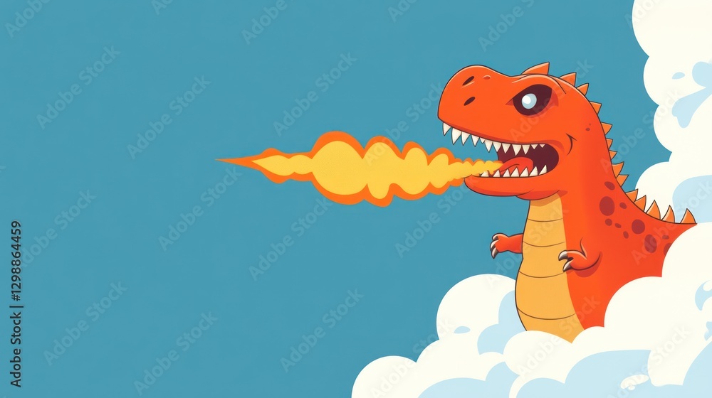 Obraz premium Fiery dragon breathing fire, clouds, sky, cartoon illustration