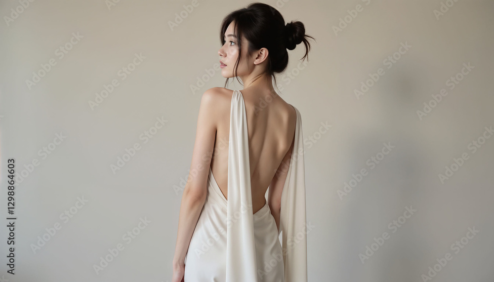 Bride in elegant mood showcasing open back dress against neutral background Bride in elegant mood showcasing open back dress against neutral background