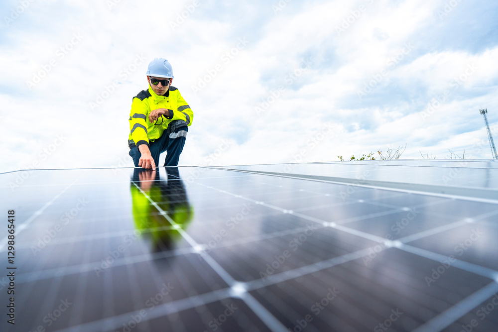 A skilled technician adjusts a solar panel on rooftop, emphasizing the transition to sustainable energy. Equipped with safety gear, the worker demonstrates precision in renewable energy installations. A skilled technician adjusts a solar panel on rooftop, emphasizing the transition to sustainable energy. Equipped with safety gear, the worker demonstrates precision in renewable energy installations.
