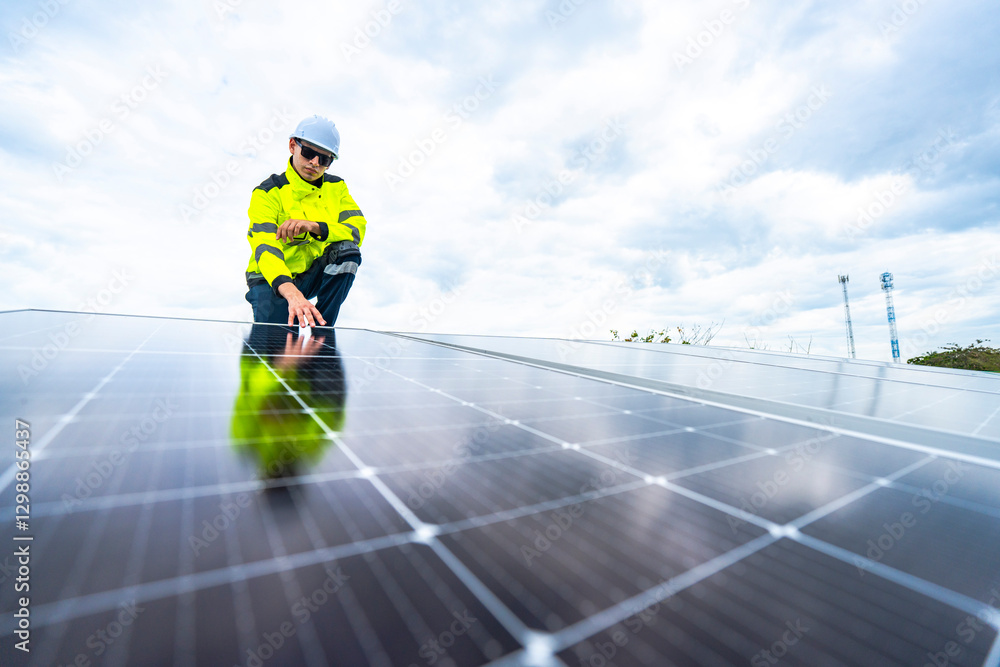 A skilled technician adjusts a solar panel on rooftop, emphasizing the transition to sustainable energy. Equipped with safety gear, the worker demonstrates precision in renewable energy installations. A skilled technician adjusts a solar panel on rooftop, emphasizing the transition to sustainable energy. Equipped with safety gear, the worker demonstrates precision in renewable energy installations.