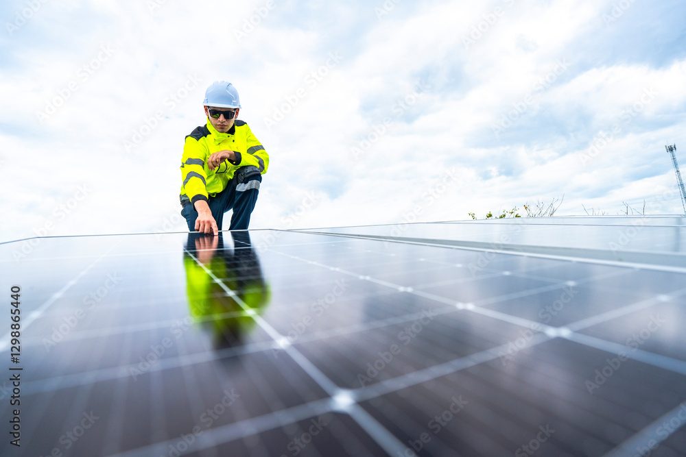 A skilled technician adjusts a solar panel on rooftop, emphasizing the transition to sustainable energy. Equipped with safety gear, the worker demonstrates precision in renewable energy installations. A skilled technician adjusts a solar panel on rooftop, emphasizing the transition to sustainable energy. Equipped with safety gear, the worker demonstrates precision in renewable energy installations.