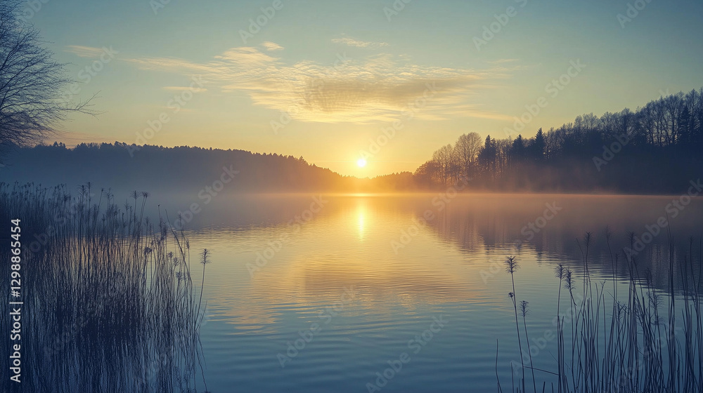Obraz premium Tranquil sunrise over a calm lake, evoking peace and serenity.