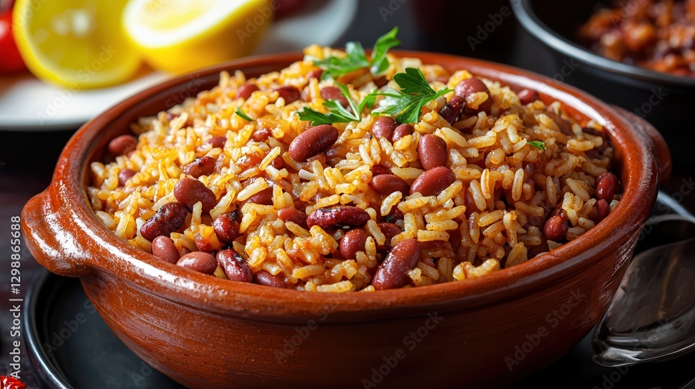 Slow cook rice: Easy cooking. Delicious rice and beans served in a rustic bowl, garnished with herbs. Slow cook rice: Easy cooking. Delicious rice and beans served in a rustic bowl, garnished with herbs.
