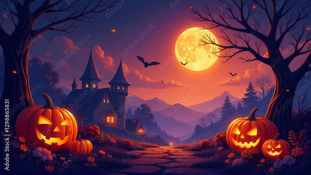 Halloween night with pumpkins and full moon Halloween night with pumpkins and full moon