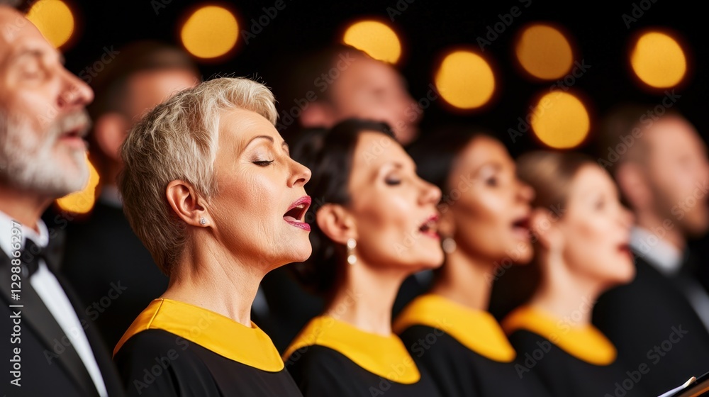 Church choir singing during service Concept, Choir of Singers Illuminated by Soft Golden Light in a Beautiful Performance Setting Church choir singing during service Concept, Choir of Singers Illuminated by Soft Golden Light in a Beautiful Performance Setting