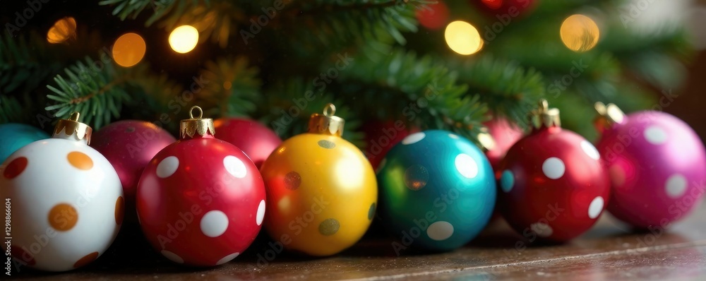 Obraz premium Colorful polka dot balls placed around a Christmas tree, decorations, playful scene, colorful polka dot