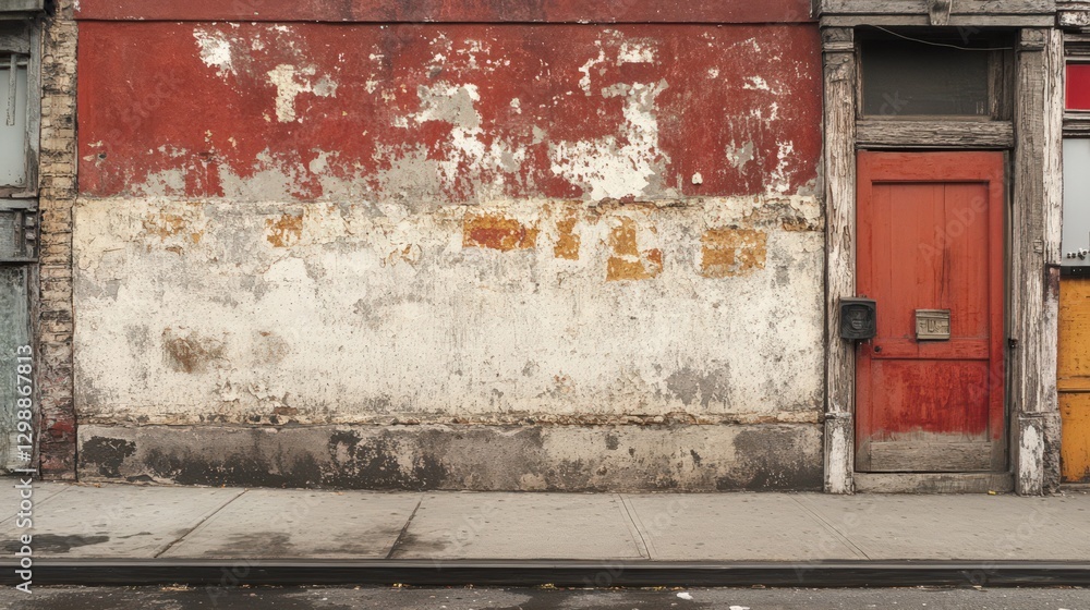 Weathered building facade with red door and distressed wall Weathered building facade with red door and distressed wall