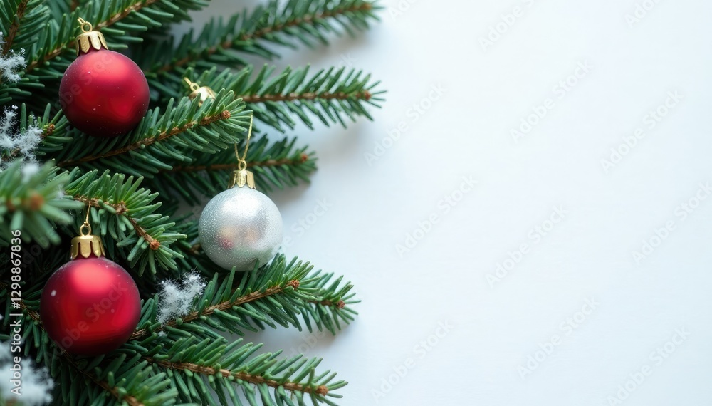 Evergreen branches with ornaments on a snowy white background, holiday, Christmas decorations Evergreen branches with ornaments on a snowy white background, holiday, Christmas decorations