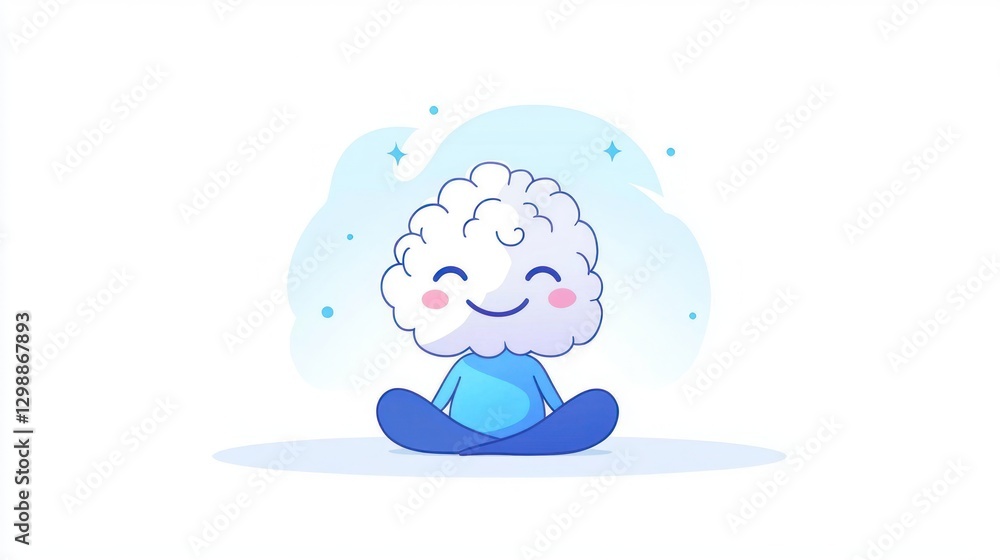 Vector cartoon meditation illustration of a cute calm brain character in lotus yoga pose on a white color background. Flat doodle style design of a smiling, relaxed brain. Vector cartoon meditation illustration of a cute calm brain character in lotus yoga pose on a white color background. Flat doodle style design of a smiling, relaxed brain.