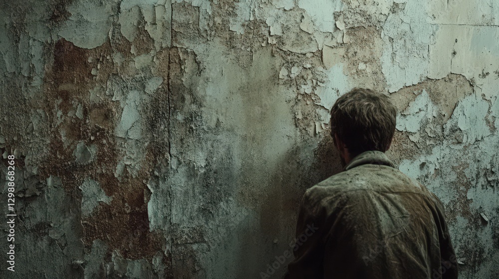 Man Facing Decaying Wall Reflecting Solitude Man Facing Decaying Wall Reflecting Solitude