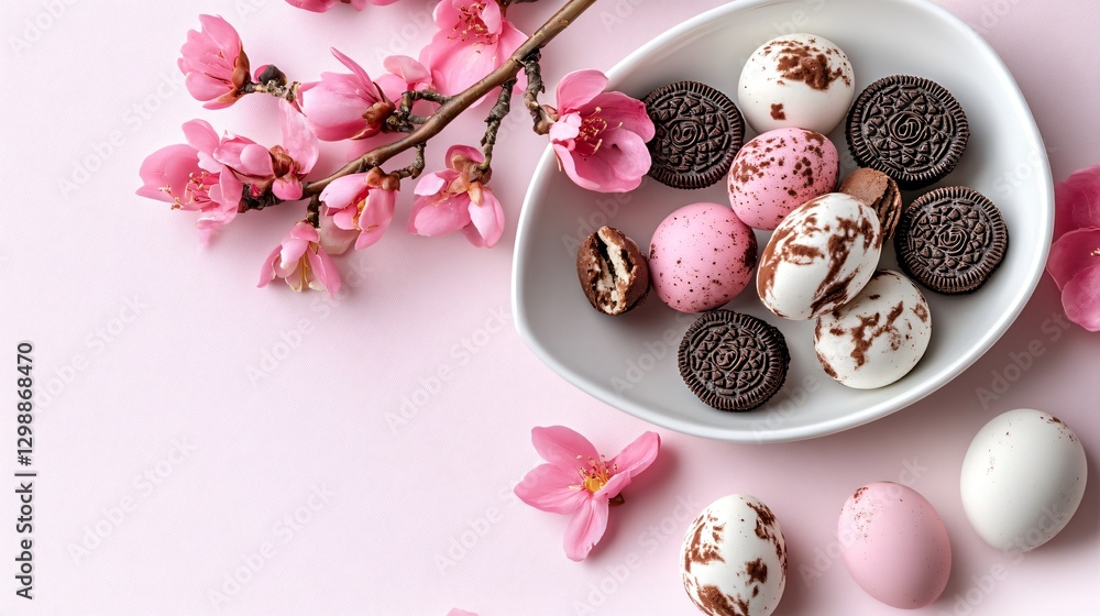Colorful Easter eggs and chocolate cookies on a pink background with cherry blossoms for festive celebrations Colorful Easter eggs and chocolate cookies on a pink background with cherry blossoms for festive celebrations