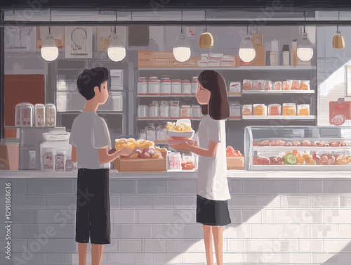 Cartoon picture of people buying lunch food photo