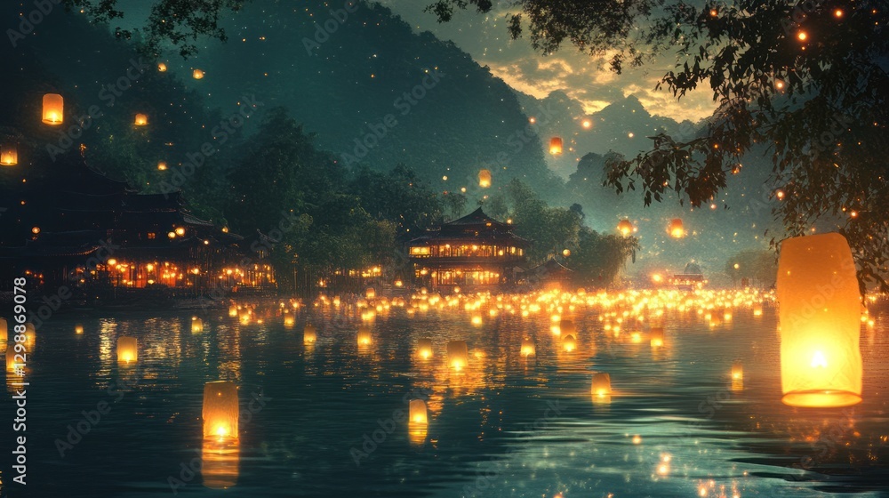 Obraz premium Floating lanterns, riverside village, magical evening, mountain backdrop, aesthetic scene