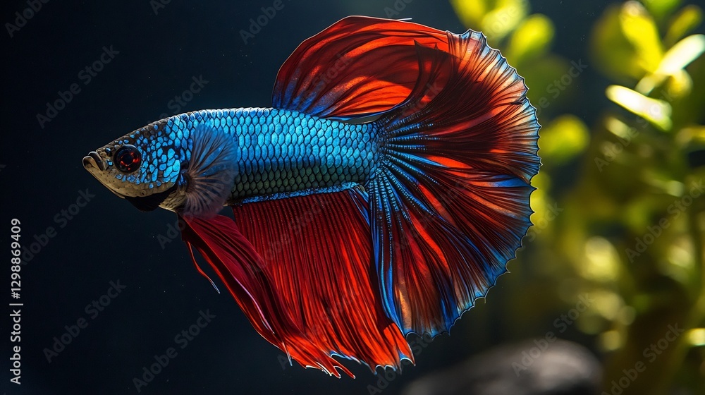Fototapeta premium Vibrant Betta Fish flaring its long flowing fins its iridescent blue and red scales shimmering against the dark water eyes full of determination