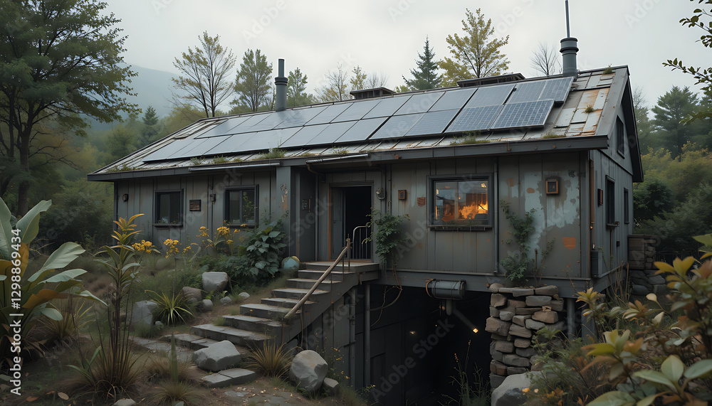 Obraz premium Rustic Wooden Cabin with Solar Panels Nestled Among Tall Trees and Vibrant Foliage in a Serene Forest Setting