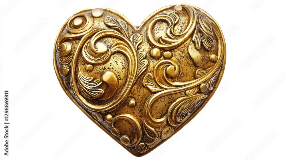 Golden heart with antique design, isolated, white background, ornate and timeless appeal Golden heart with antique design, isolated, white background, ornate and timeless appeal