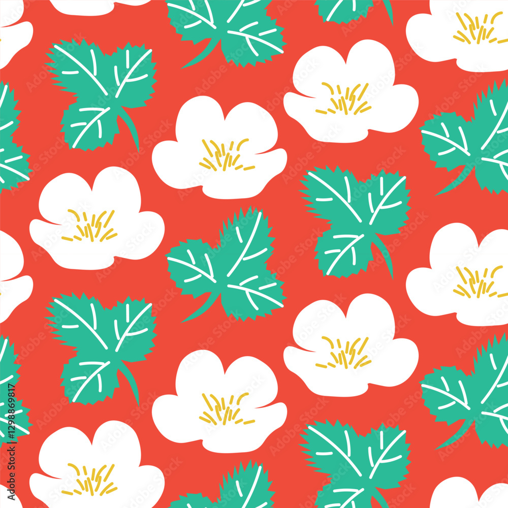 Obraz premium Seamless Pattern with White Flowers and Green Leaves on Red Background