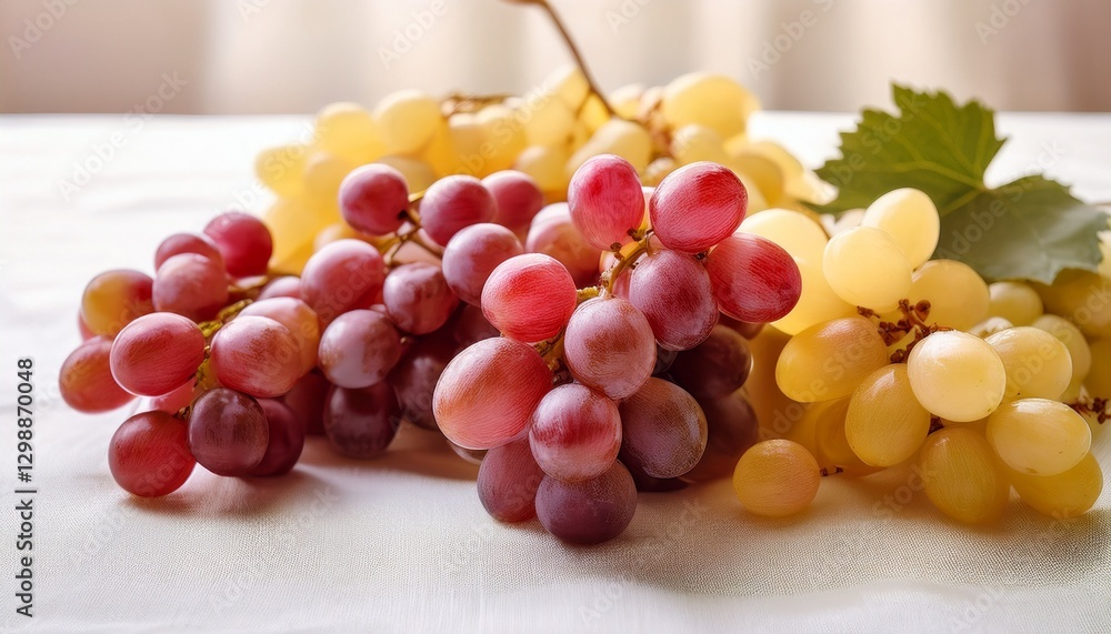Obraz premium Close-up of red and yellow grapes displayed on a white tablecloth, fresh