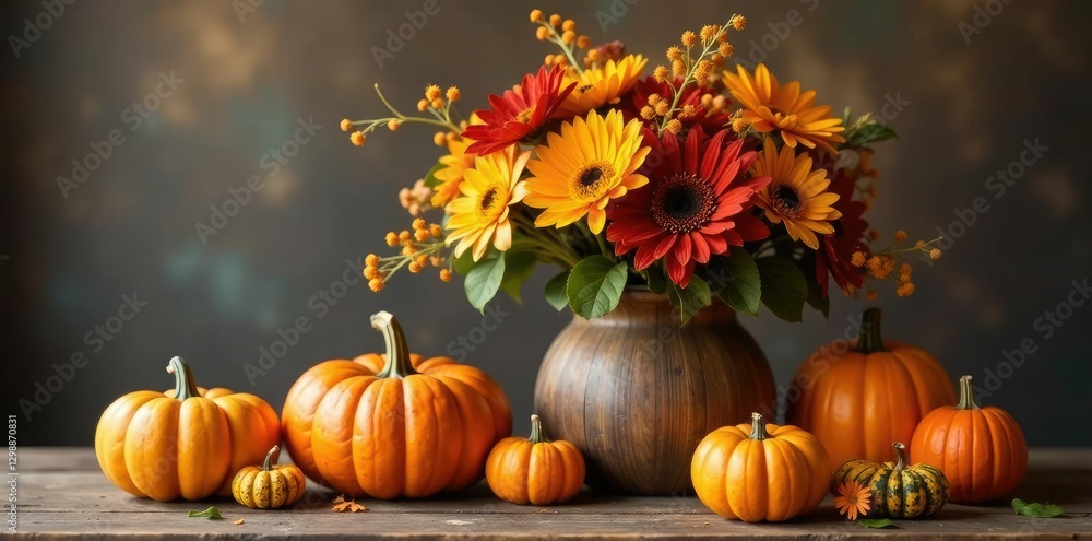 Pumpkins and gourds surround a bouquet of fall flowers in a wooden vase, rustic charm, halloween decor, fall bouquet Pumpkins and gourds surround a bouquet of fall flowers in a wooden vase, rustic charm, halloween decor, fall bouquet