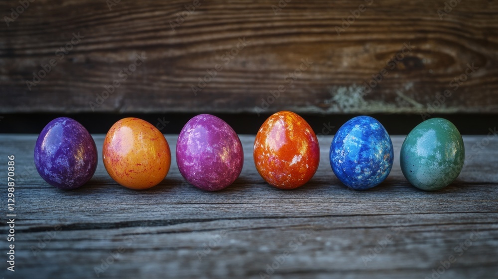 Colorful easter eggs arranged on rustic wooden background, festive spring decoration with pastel colors, traditional holiday celebration concept, top view composition
Colorful easter eggs arranged on rustic wooden background, festive spring decoration with pastel colors, traditional holiday celebration concept, top view composition
