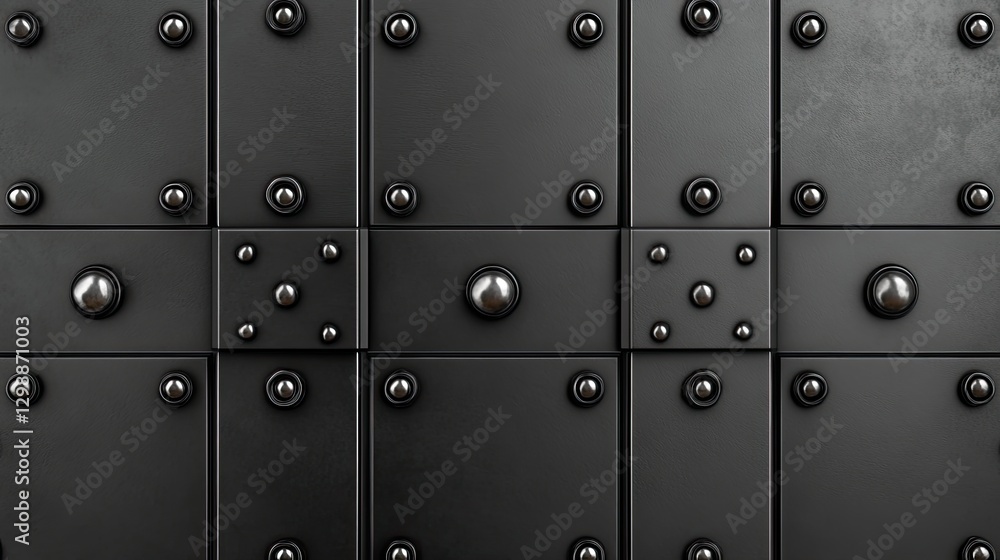 Textured metal wall with large tiles and industrial patterns, featuring fasteners for a striking monochrome effect Textured metal wall with large tiles and industrial patterns, featuring fasteners for a striking monochrome effect