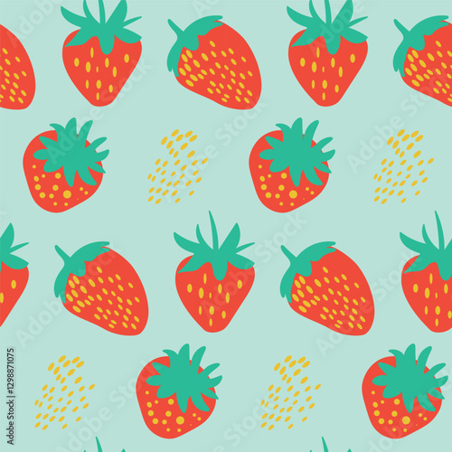 Seamless Pattern of Stylized Strawberries on a Light Blue Background