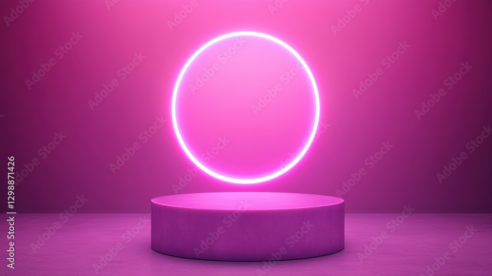 Minimalist clear purple podium with soft glowing lights in a futuristic setting Minimalist clear purple podium with soft glowing lights in a futuristic setting