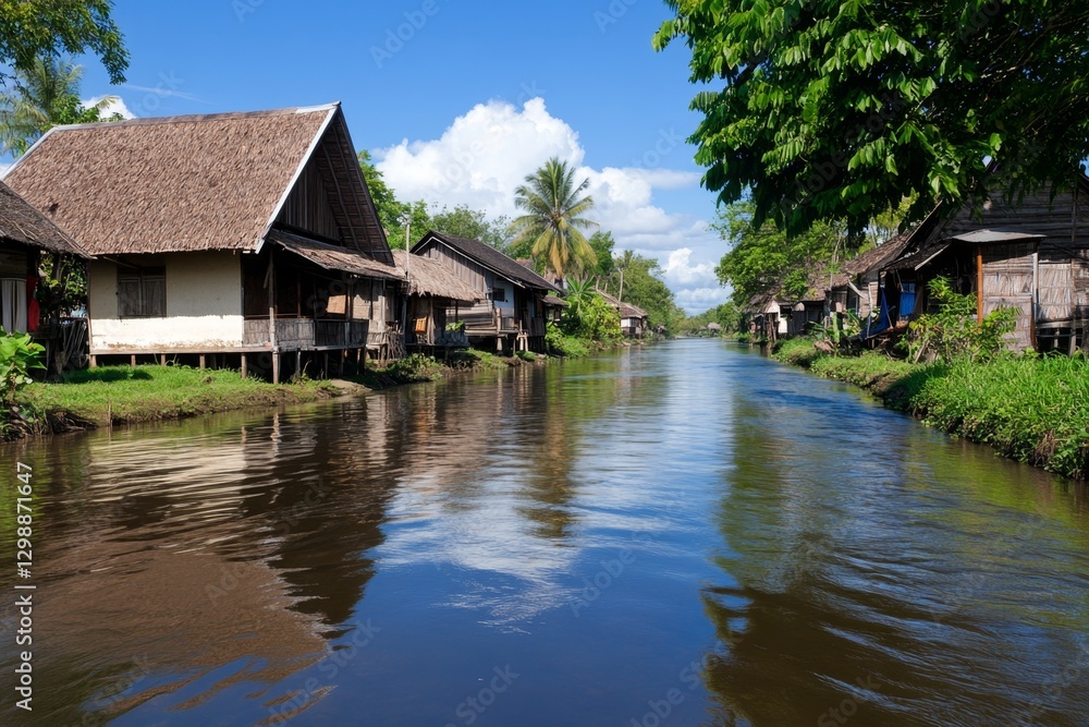 A riverside village with houses built on stilts, reflecting in the calm water A riverside village with houses built on stilts, reflecting in the calm water