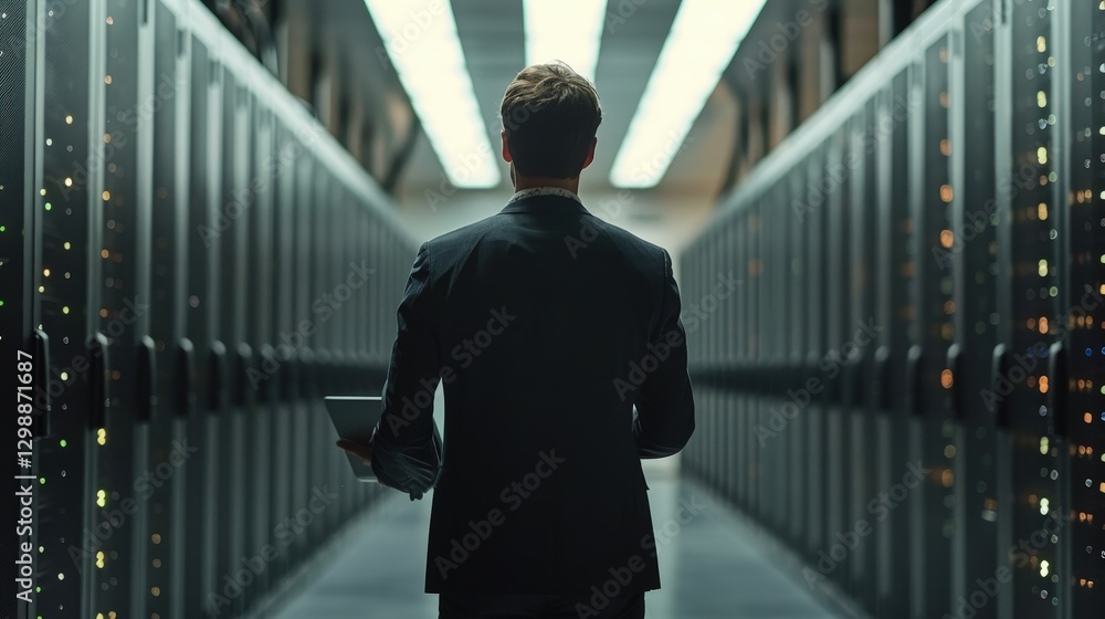 Fototapeta premium IT Specialist Working With Laptop in Data Center for Cyber Security and Network Management During Modern Cloud Computing Operations