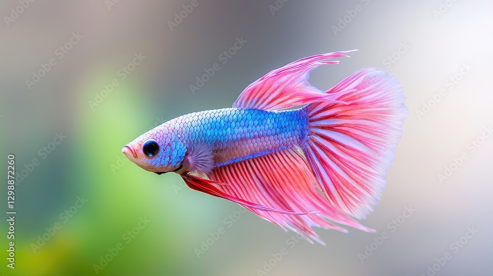 Fototapeta premium Vibrant blue and pink Siamese fighting fish swimming gracefully in a clean aquarium tank.