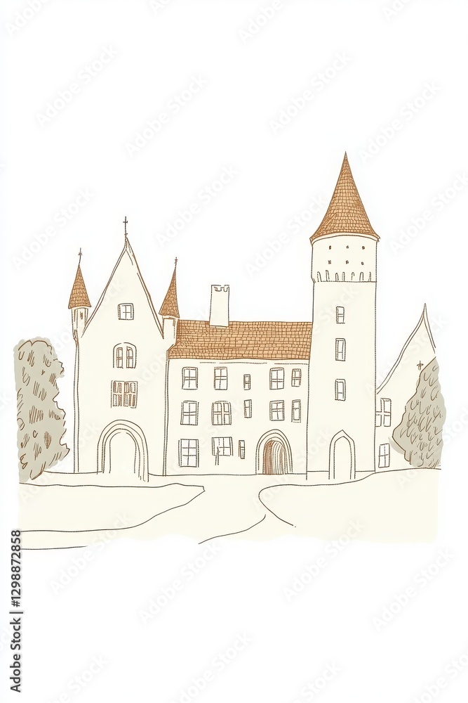 Fototapeta premium Beige And Brown Castle Illustration Artwork Featuring Towers And Turrets With Windows And Doors On Stone Walls In A Peaceful Landscape Setting With Trees And A Calm Atmosphere Using Muted Colors And