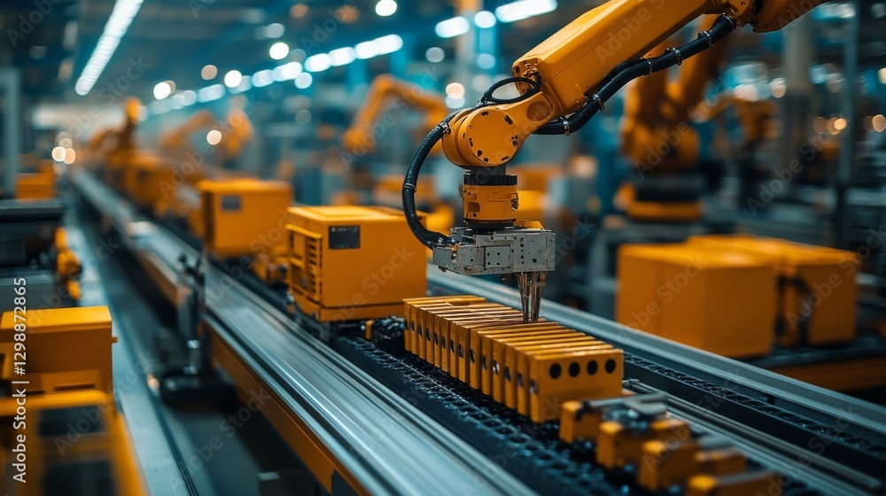 In a high-tech manufacturing facility, robotic arms manipulate components along an extensive conveyor system, enhancing efficiency and precision. Automation drives production and innovation. In a high-tech manufacturing facility, robotic arms manipulate components along an extensive conveyor system, enhancing efficiency and precision. Automation drives production and innovation.