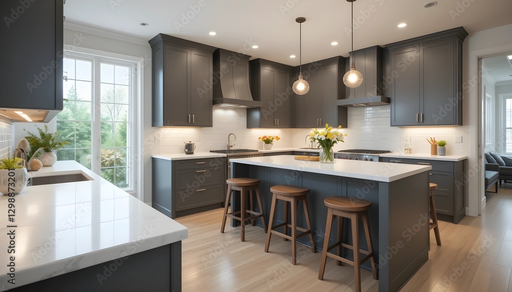 Modern Kitchen with White Countertops and Dark Gray Cabinets Modern Kitchen with White Countertops and Dark Gray Cabinets