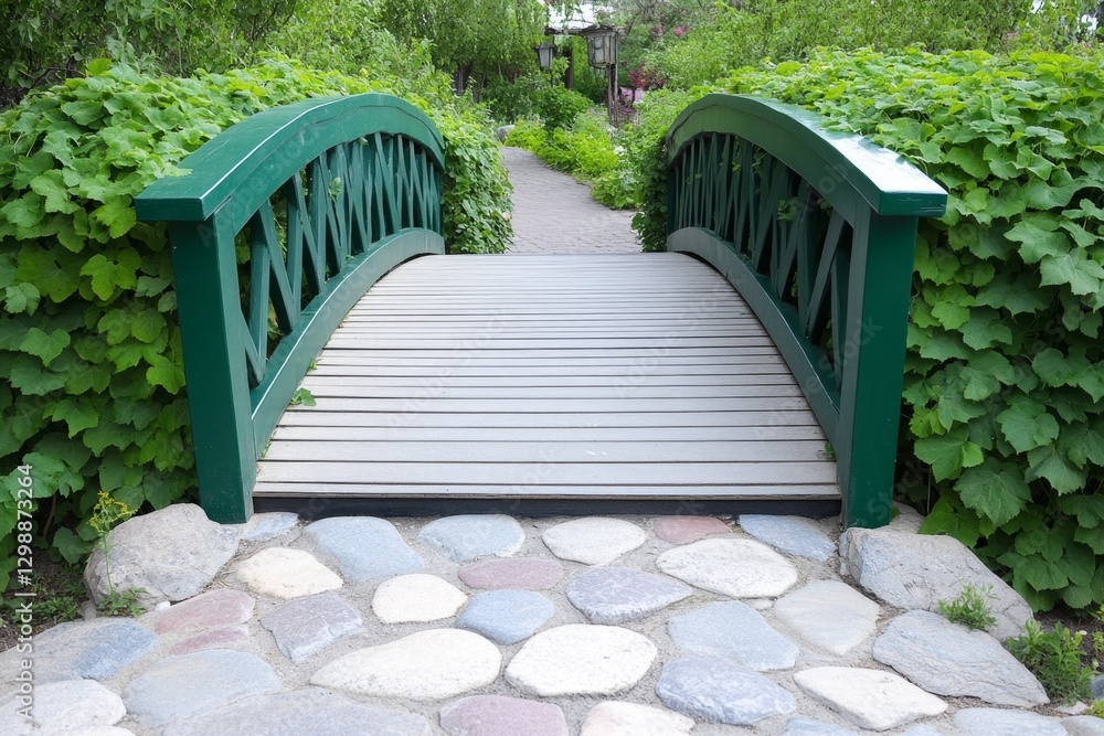 A romantic footbridge covered in ivy and lanterns, leading to a hidden garden A romantic footbridge covered in ivy and lanterns, leading to a hidden garden