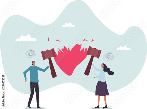 Marriage difficulties problem, divorce or violence or painful in broken relationship couple.business concept.flat character.