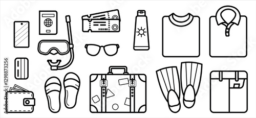 Linear icons tourism. Set of icons of things needed on a tourist trip