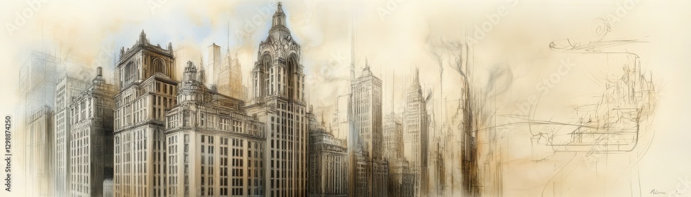 Obraz premium Beige and Brown Cityscape Painting with Tall Buildings and Hazy Atmosphere