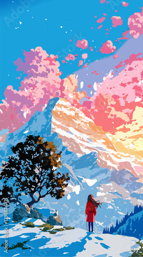 Breathtaking vector illustration of a woman admiring a majestic snowy mountain peak under a vibrant sky with pink clouds